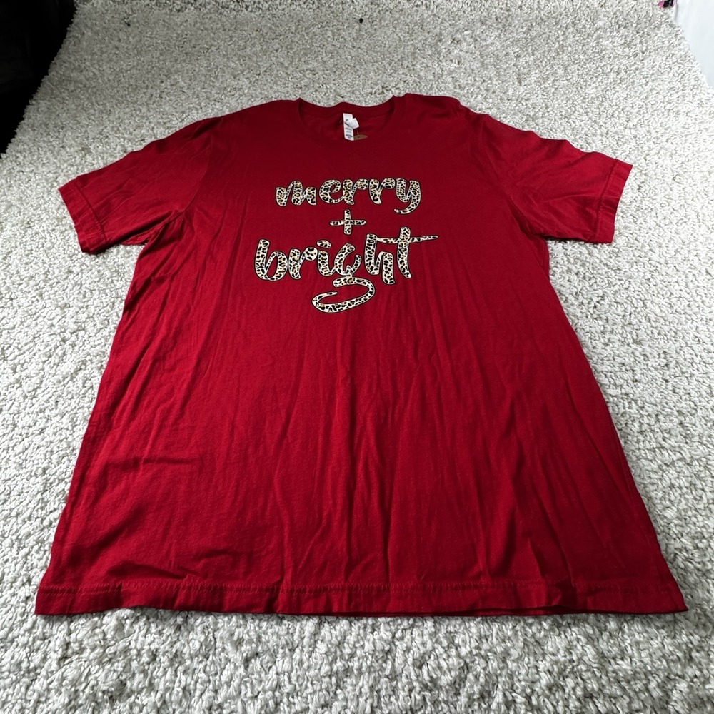 Merry & Bright Leopard Print Christmas Graphic Tee Shirt Red Holiday Unisex 2XL